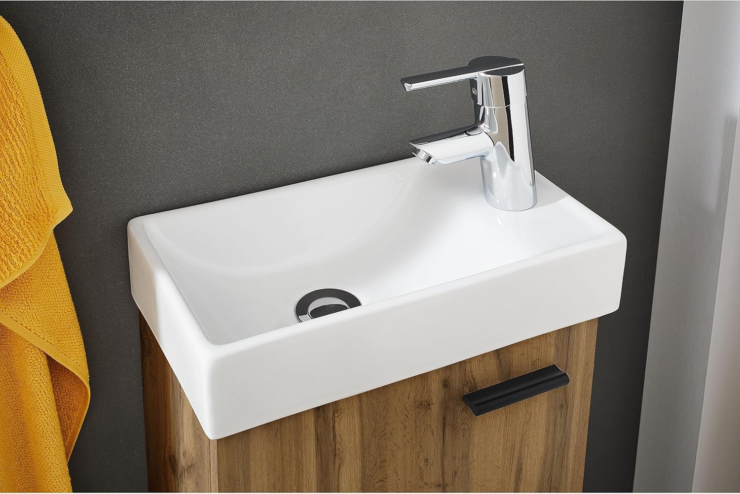 AMY Waschbecken mit Unterschrank und Spiegel in Wildeiche Optik - Kompakter Waschtisch ideal für Gäste WC - 41 x 165 x 23 cm (B/H/T)