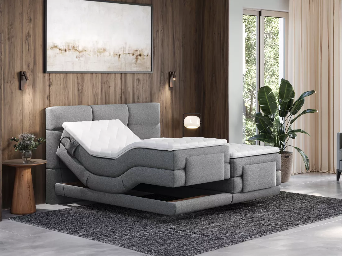 Ensemble complet boxspring tête de lit capitonnée + sommiers relaxation électrique + matelas + surmatelas - 2 x 90 x 200 cm - Tissu - Gris clair - LODI de PALACIO