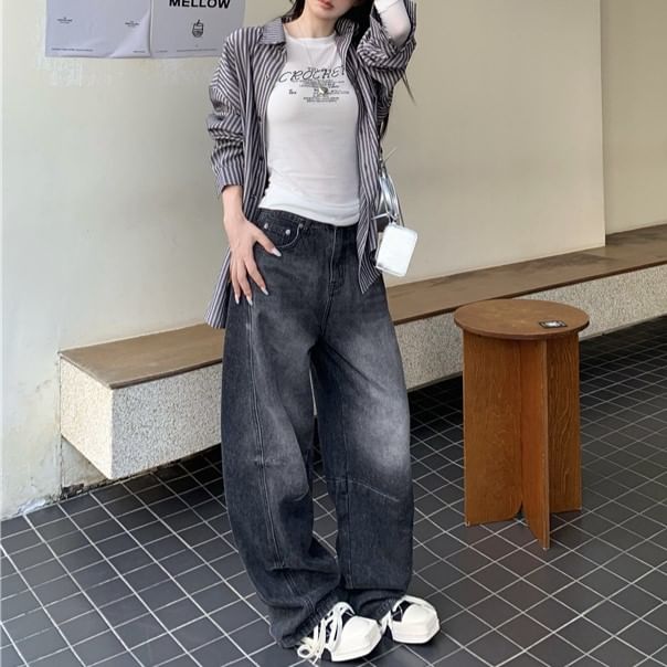 Bolgivy - Mid Waist Washed Baggy Jeans