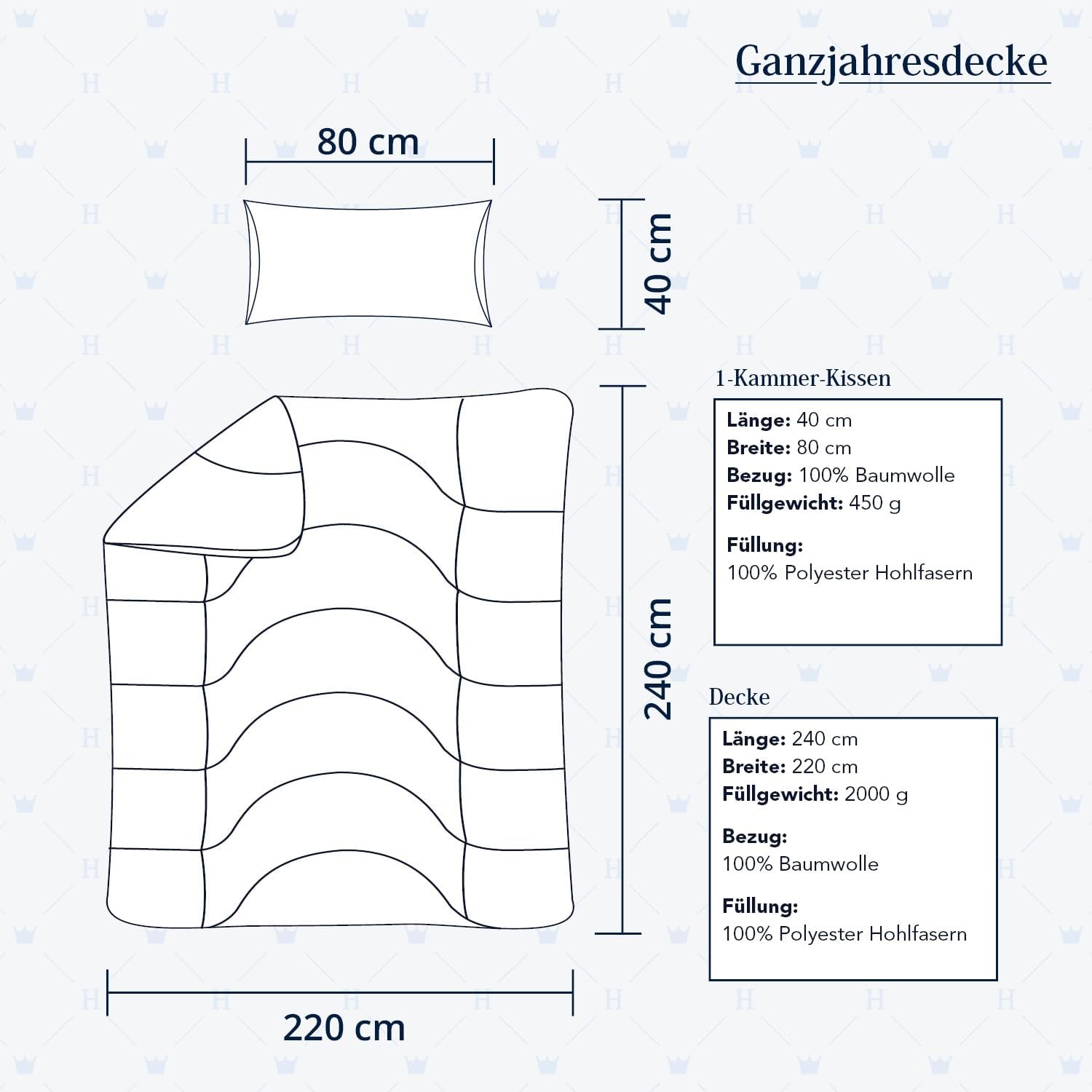 Premium Decke und Kissen, Grönland, Ganzjahresdecke 240x220 cm + 2X Kopfkissen 80x40 cm, Schlafdecke mit Körperzonen-Steppung atmungsaktiv, hautfreundlich, hypoallergen