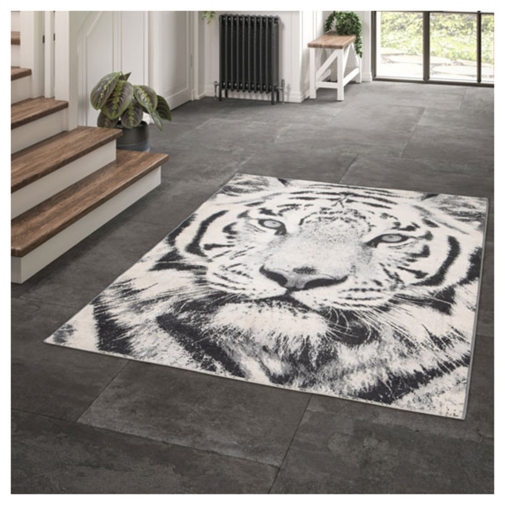 Tapis chambre d'enfant - tigre rajah - gris et beige - 120 x 170 cm