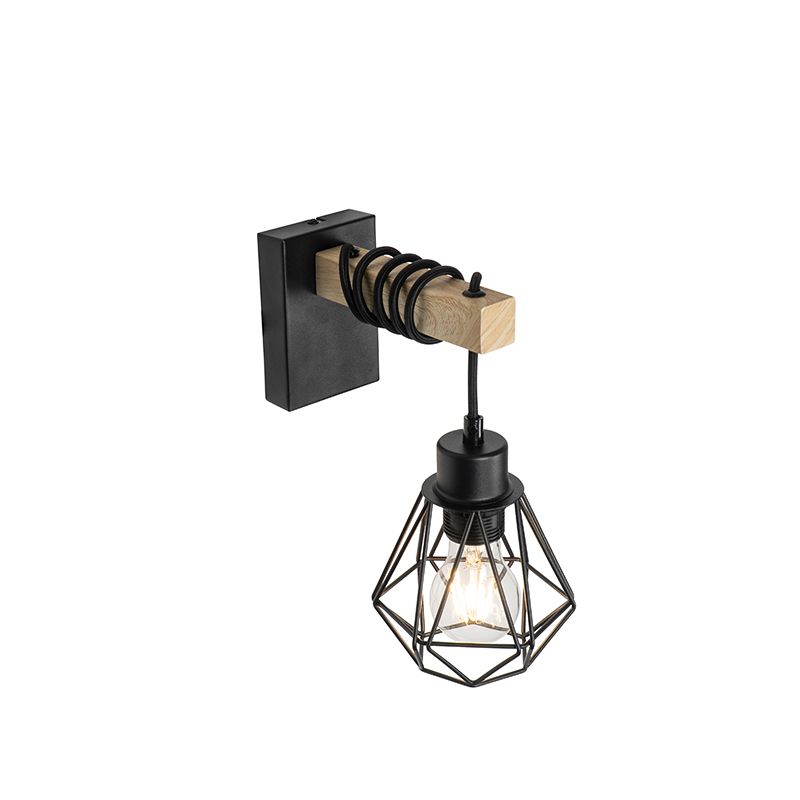 Smart wandlamp zwart met hout incl. Wifi A60 - Chon