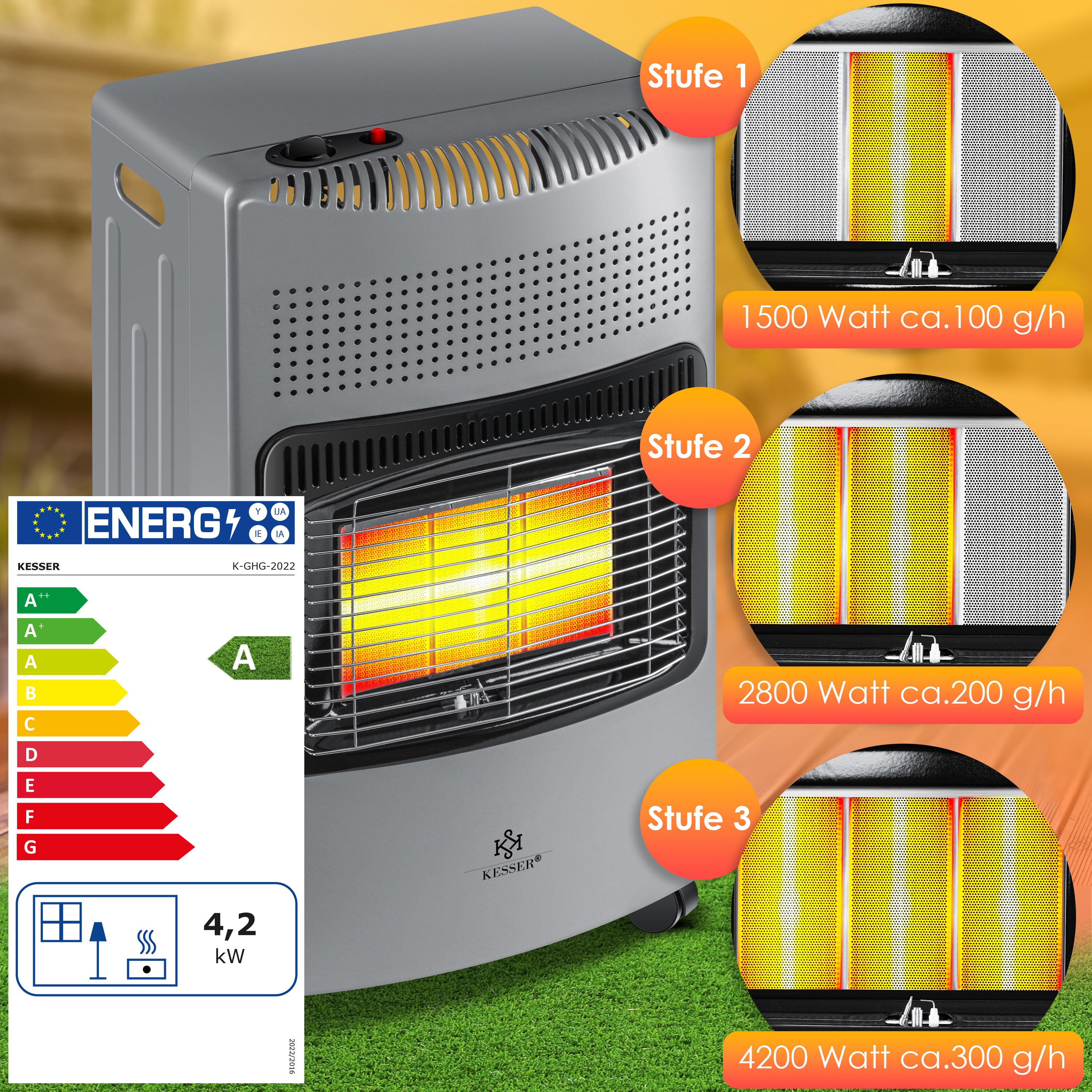 KESSER® 4200 Watt Keramik Gasheizer inkl. Gasdruckregler Gasschlauch + Schutzhülle - Gasheizofen, Heizstrahler Gasheizgerät, Infrarot Keramikbrenner, Butan- oder Propangasflaschen bis 15kg