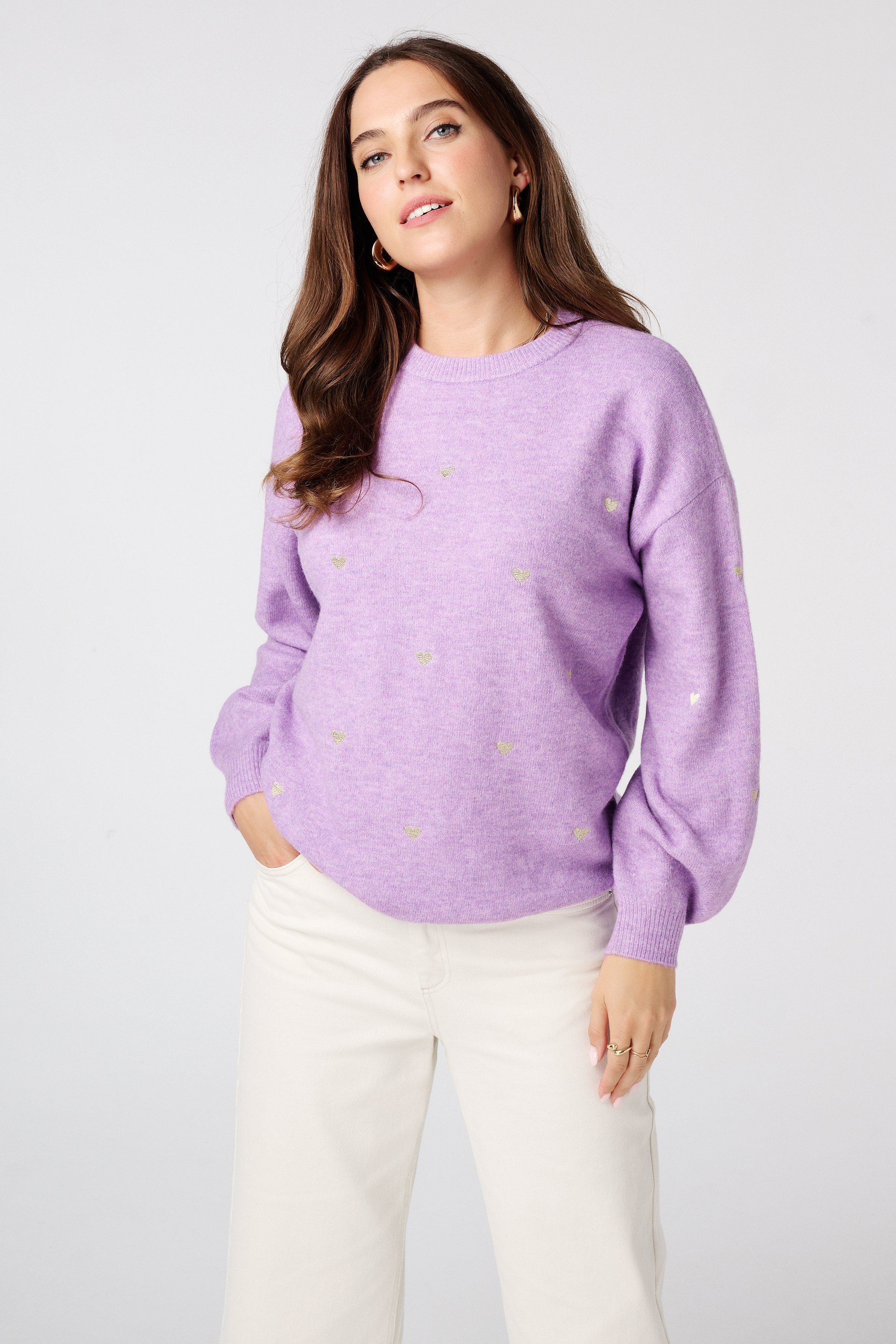 Fijn gebreide trui met geborduurde hartjes Multi lilac
