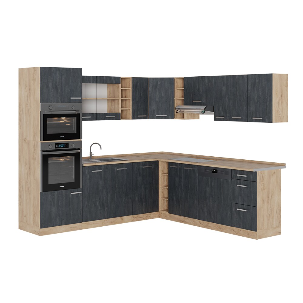 Vicco Eckküche R-Line 247x237 cm Schwarz Beton Eiche ohne Arbeitsplatte