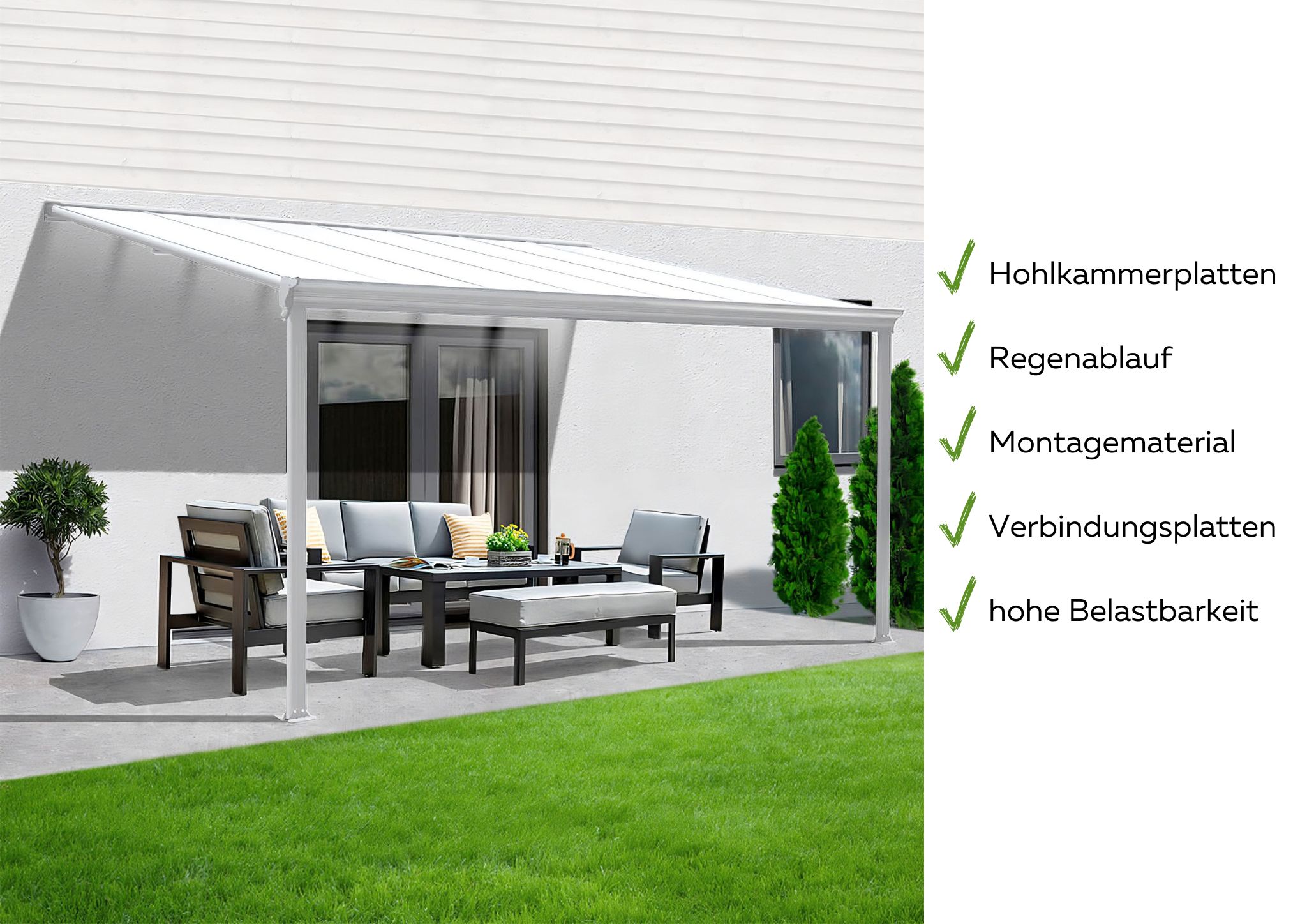 Terrassenüberdachung Aluminium 312 cm als Bausatz Sichtschienen und Hohlkammerplatten Weiß