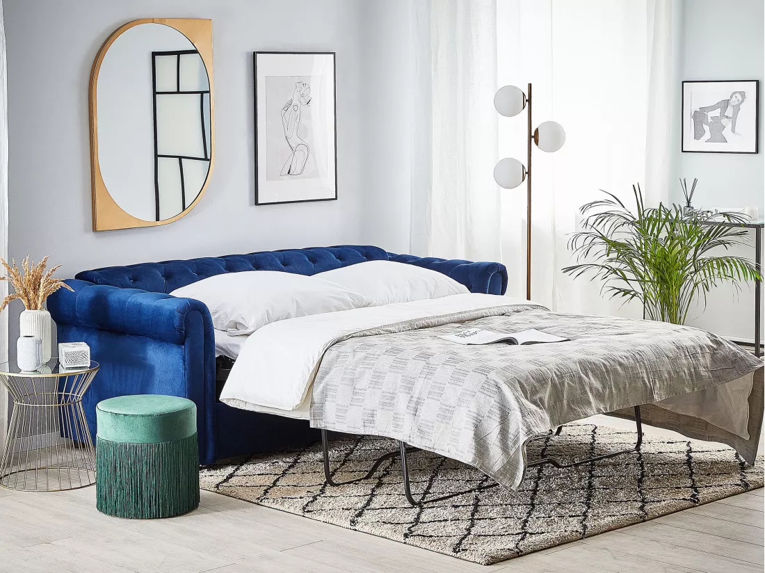 Canapé convertible 3 places en velours bleu foncé CHESTERFIELD