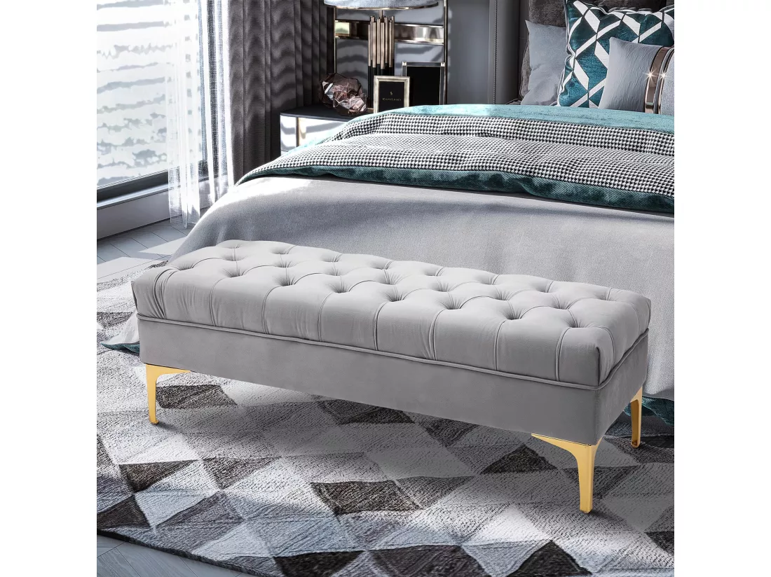 Banc banquette capitonnée style classique chic dim. 118L x 45l x 42H cm piètement métal doré velours gris clair
