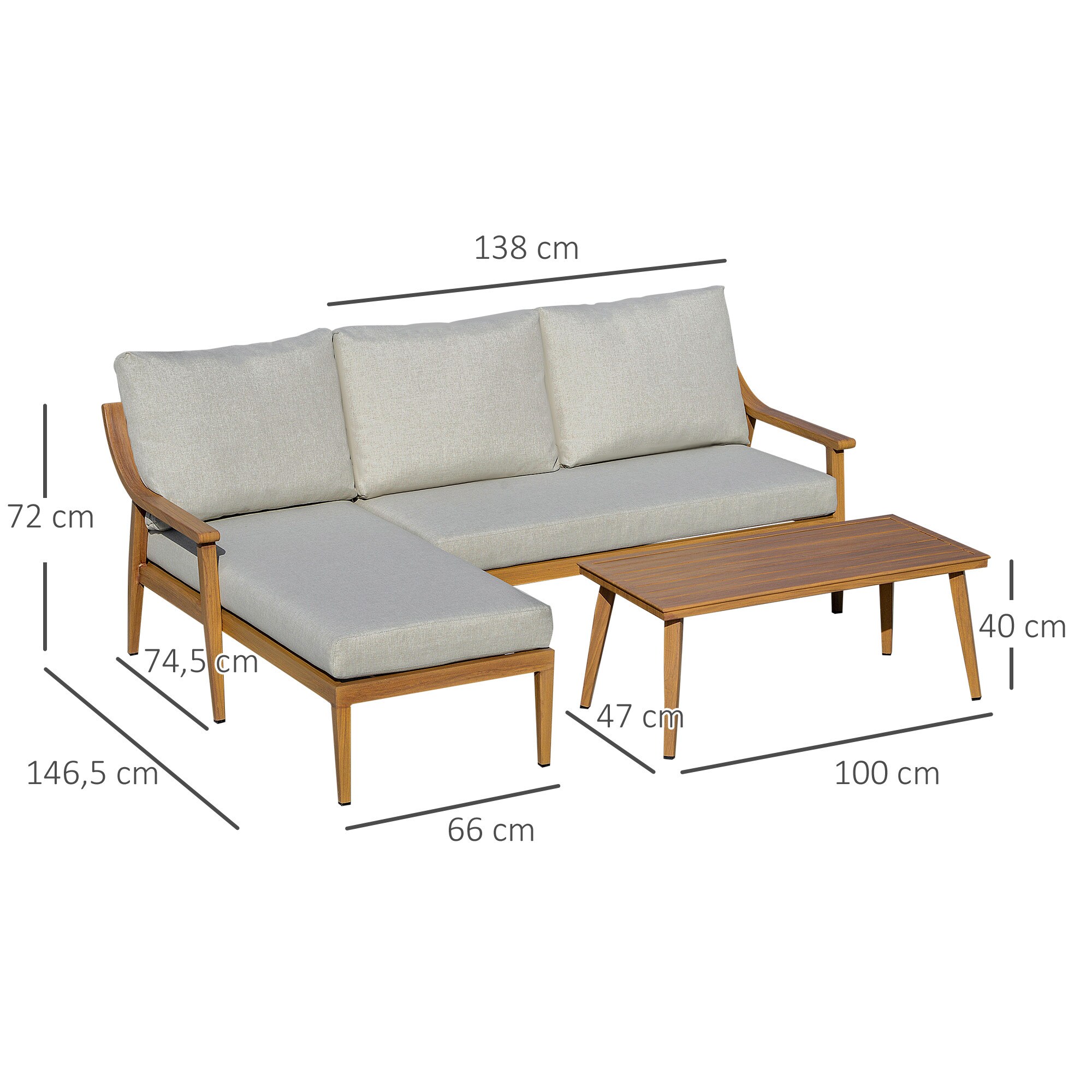 Outsunny Gartenmöbel Set mit Sitzkissen natur 138B x 74,5T x 72H cm