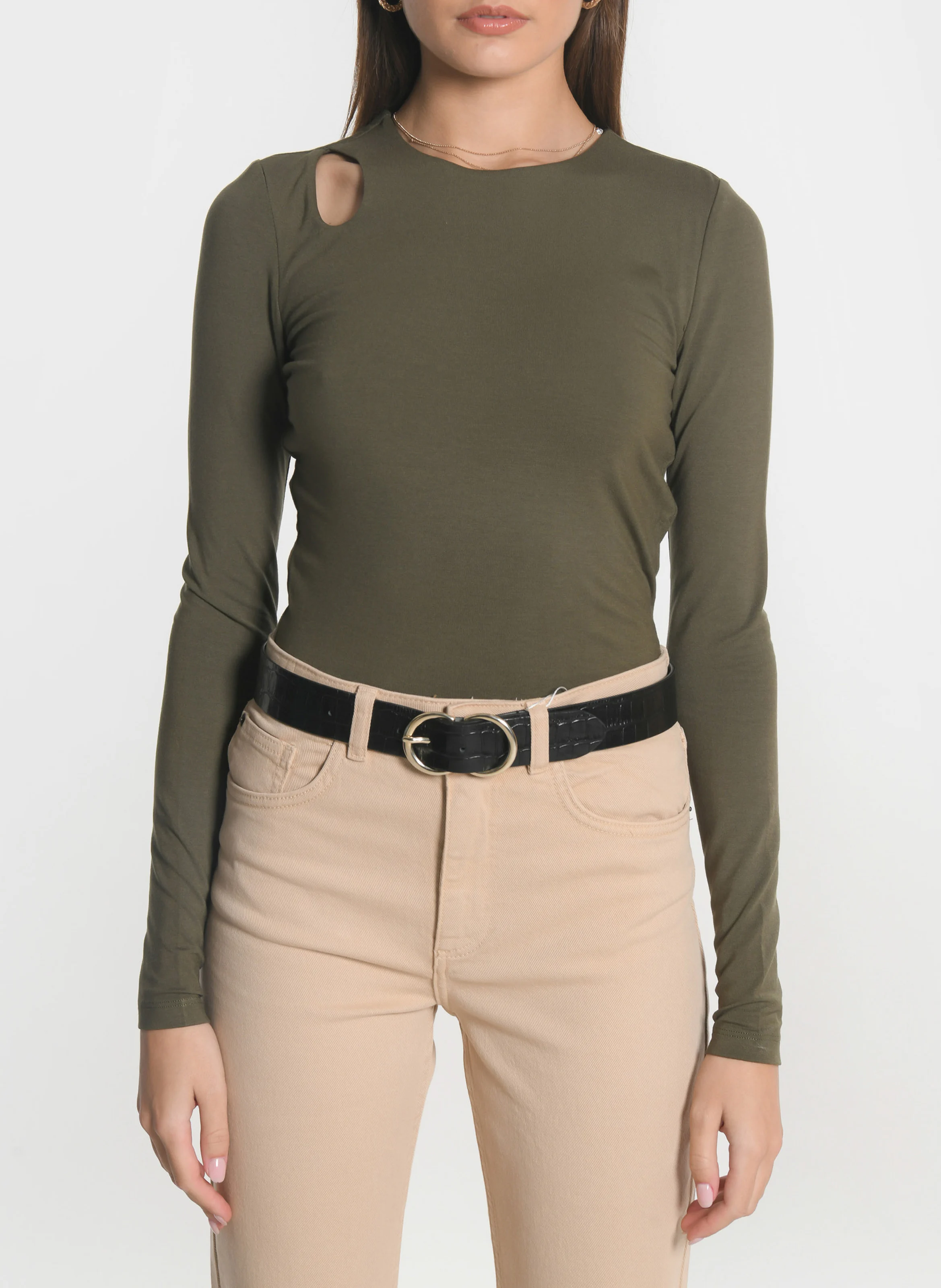 CATHY - Tee-shirt moulant col rond| Kaki