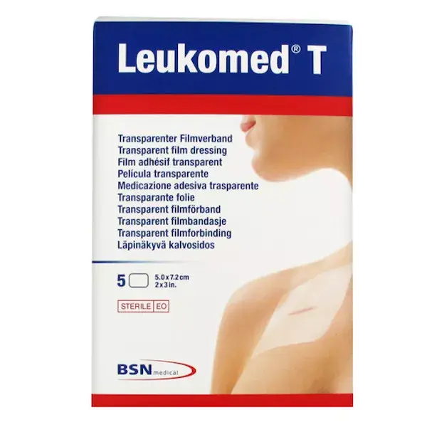 Curativo adesivo não tecido BSN Medical Leukomed T, 5 x 7,2 cm, 5 unidades.