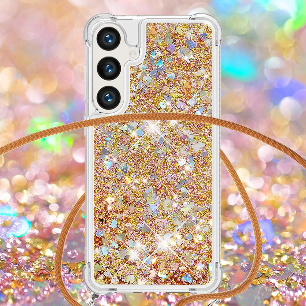 Samsung Galaxy S24 Necklace Gummi Hülle Liquid Glitzer   Handykette (130cm) - Braun / Gold