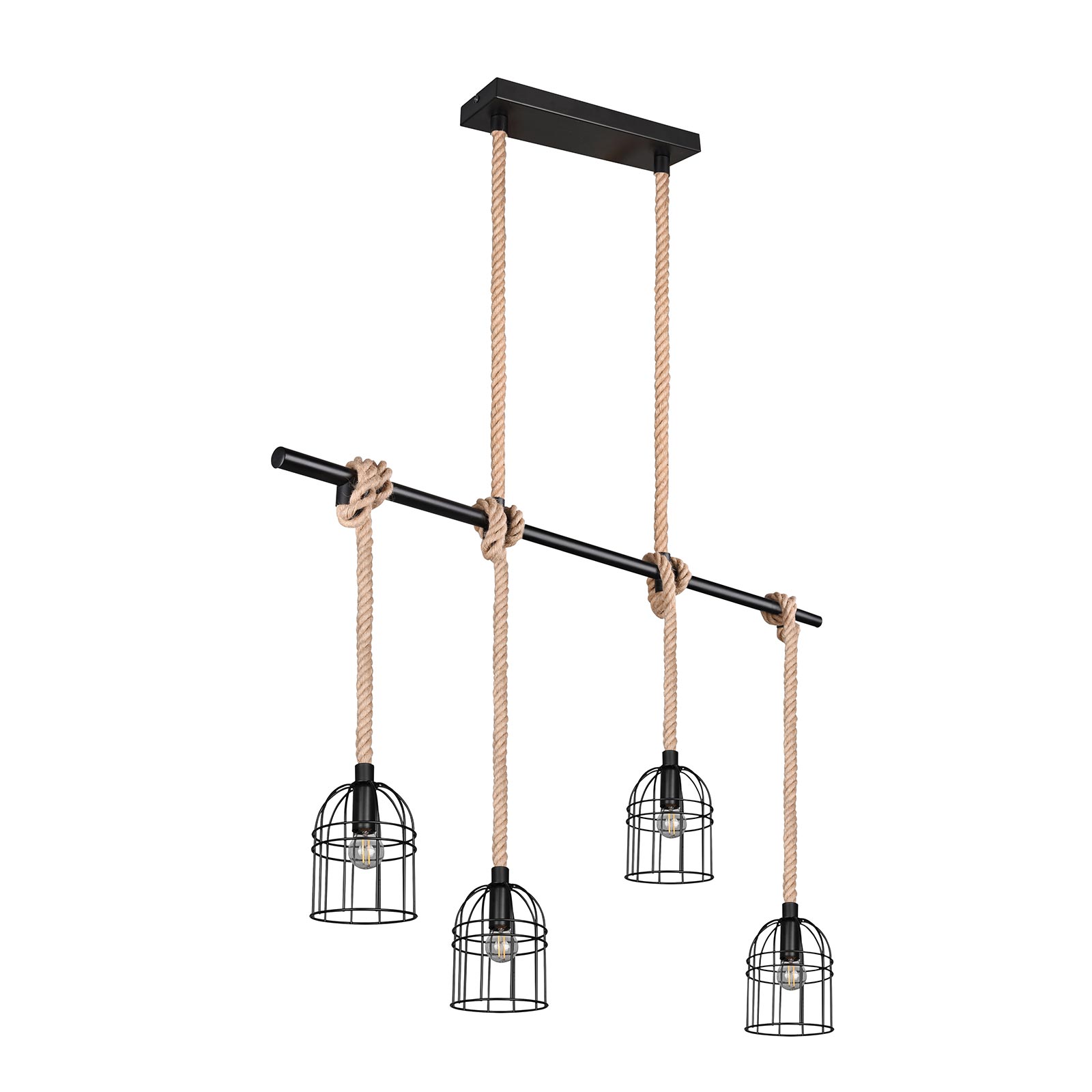 Pendelleuchte - schwarz matt-braun - Metall - Sisal - 4-flammig