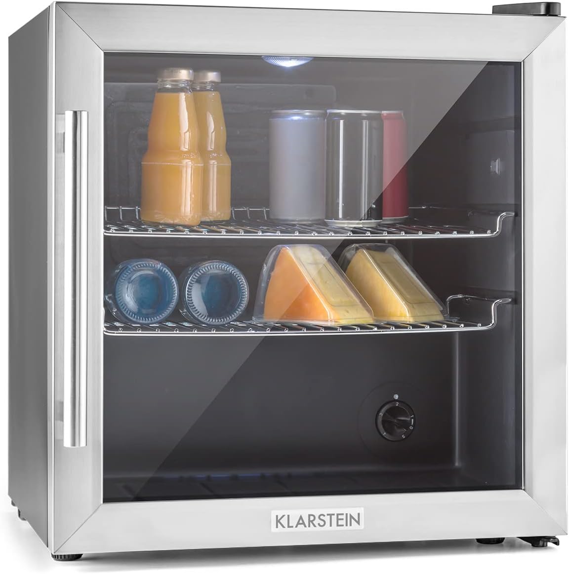 Klarstein Getränkekühlschrank, Kühlschrank Klein mit 2 Ablagen, Minikühlschrank Lautlos für Büro Camping Outdoor mit Glastür, Mini Fridge 3-10°C, Bierkühlschrank 47L, Silber/Schwarz