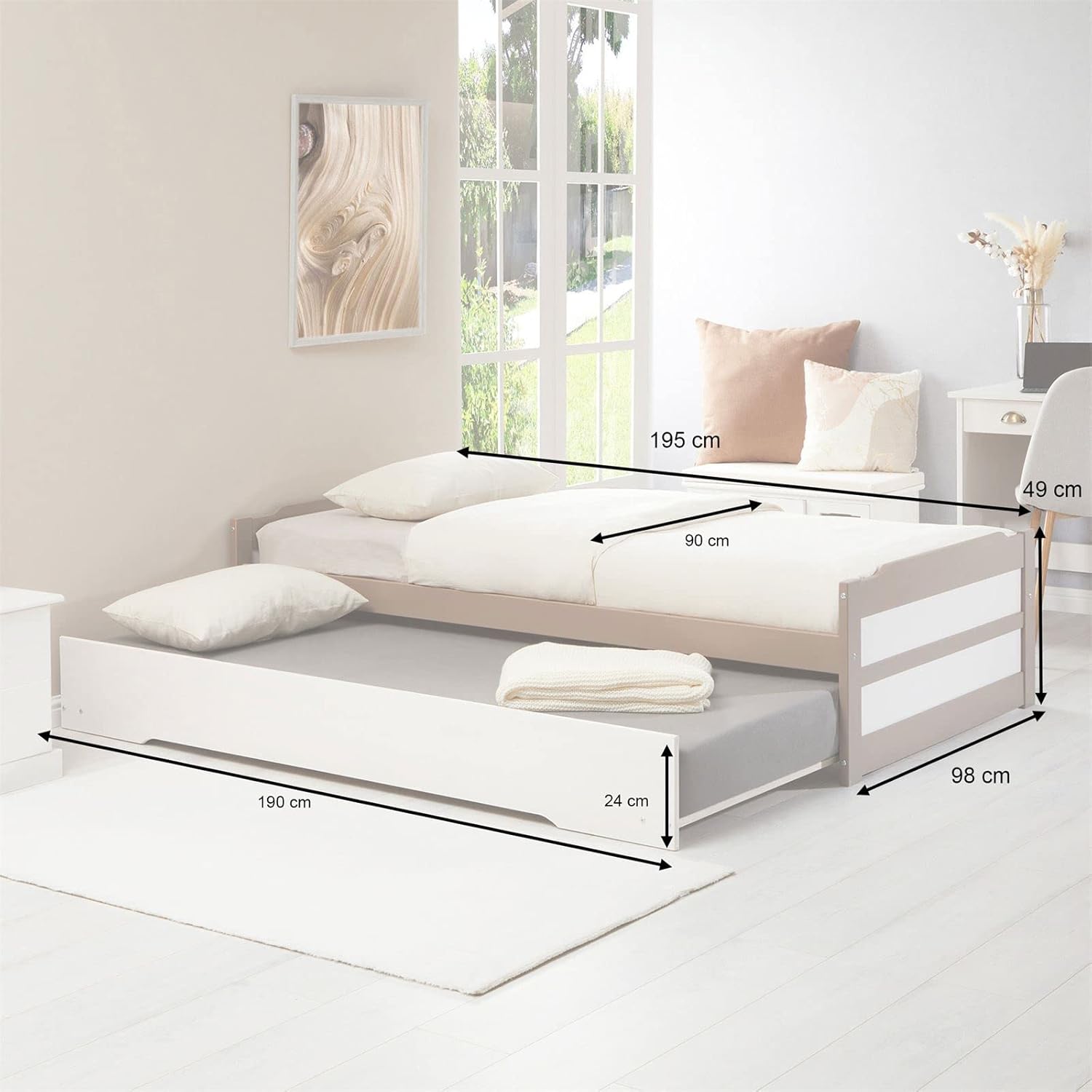 IDIMEX Ausziehbett Lorena in 90 x 190 cm, schönes Tagesbett aus Kiefer massiv in Taupe/weiß, praktisches Jugendbett mit Auszugskasten