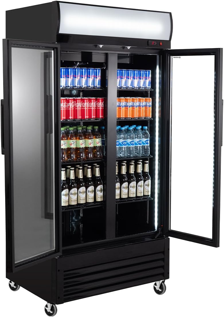Getränkekühlschrank Eco 630 mit Leuchtaufsatz & Klapptüren, 8 verstellbare Böden, 630L Kühlraum, Glastür, Innenbeleuchtung, Gastronomiebedarf, schwarz für Gewerbe & Gastro