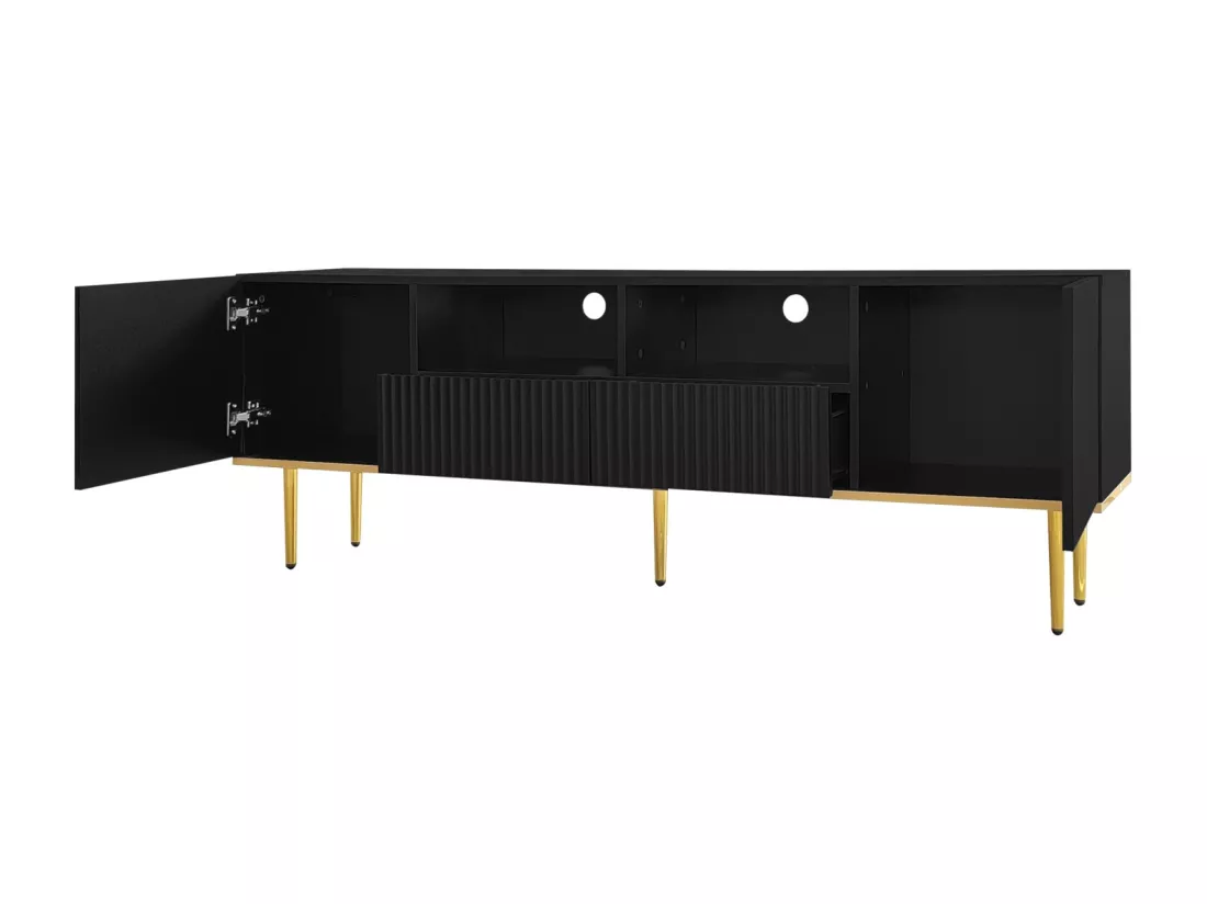 Meuble TV 165x36x55cm, avec 2 portes, 2 tiroirs et 2 compartiments, pieds dorés et bord doré, Noir