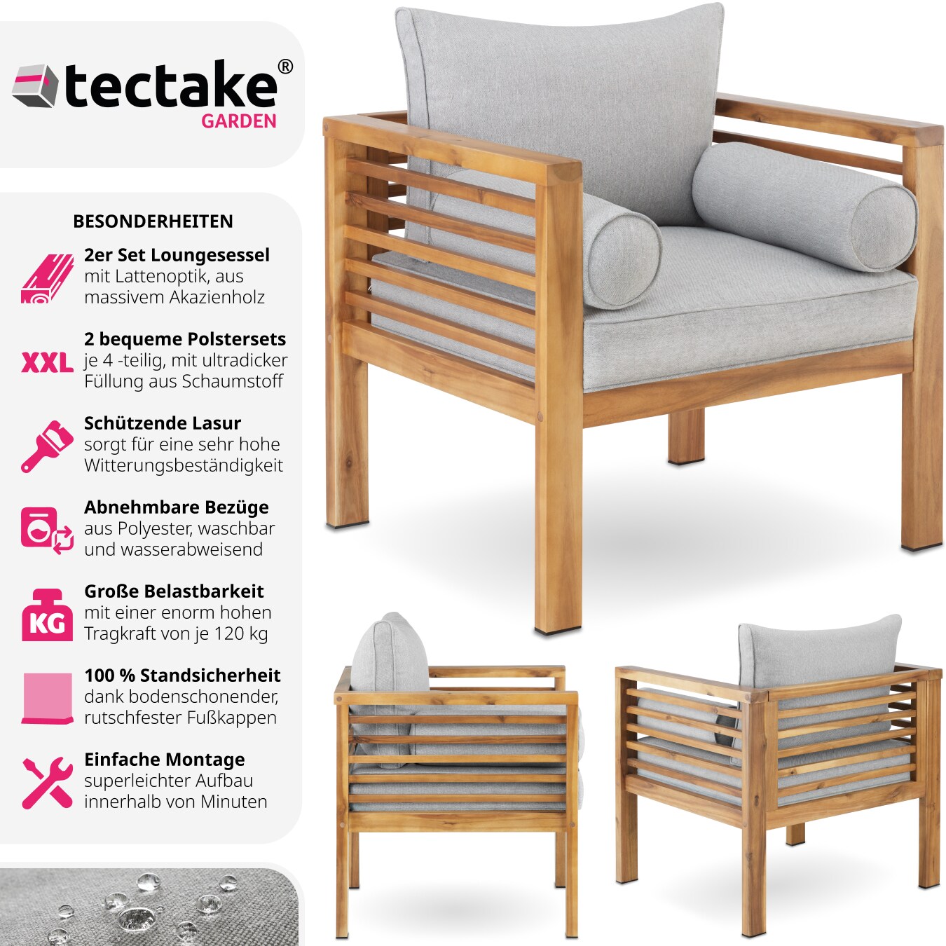 tectake® Garten-Loungesessel, mit lasiertem Holzgestell, Dicke der Sitzpolster 12 cm, bodenschonende Kunststoffkappen, 72 x 63 x 64,5 cm