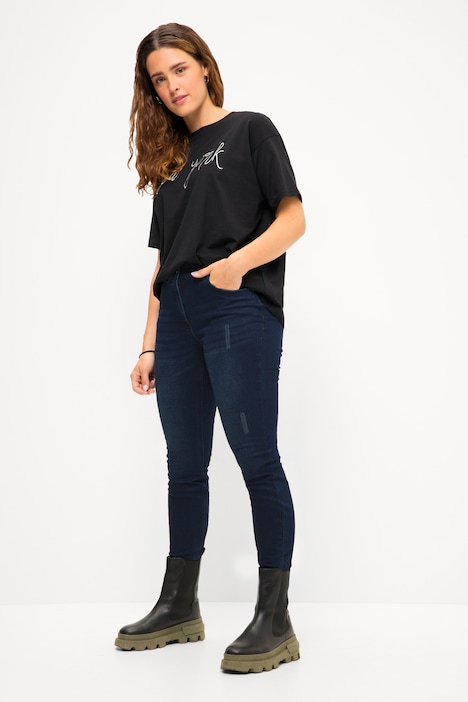 Skinny Jeans, cutted Saum, 5-Pocket, Elastikbund, Zipp-Fly