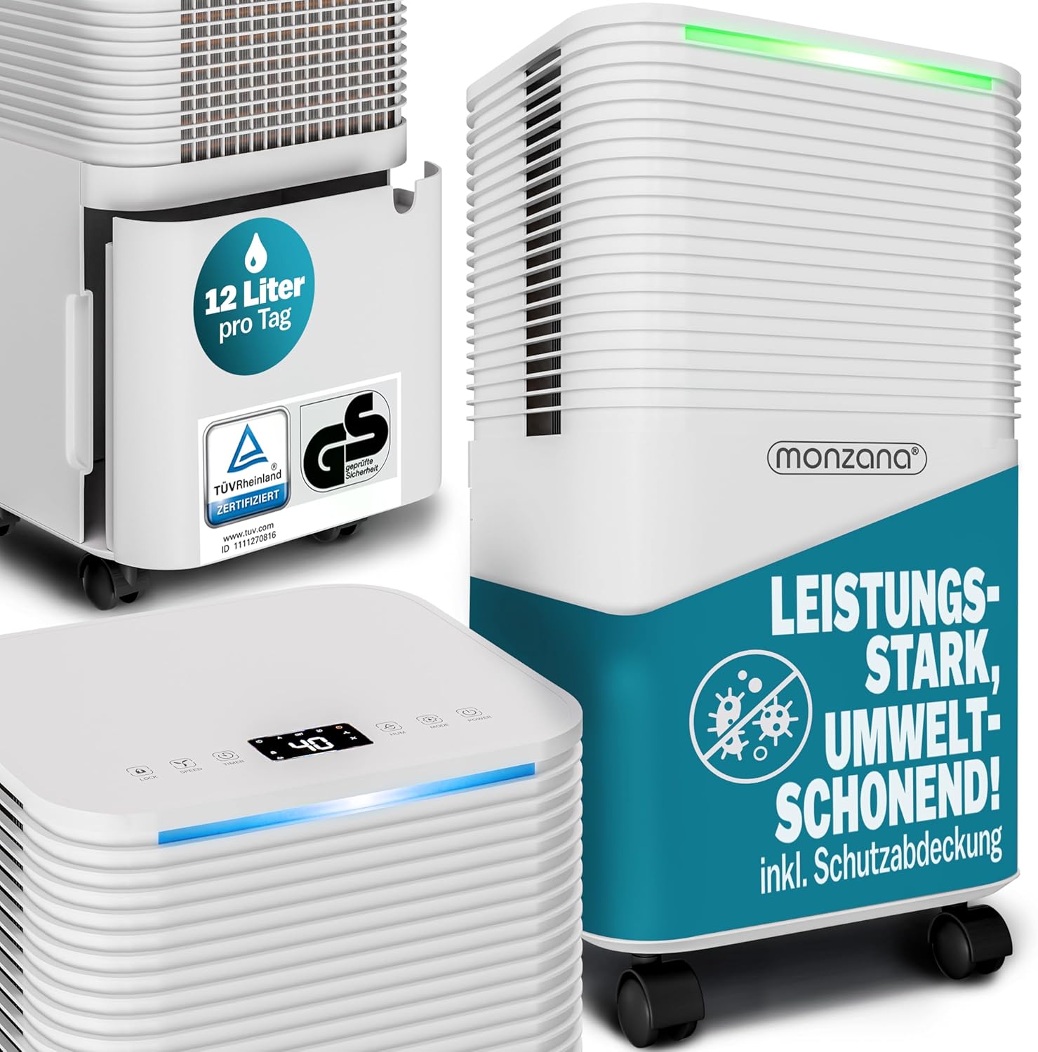 MONZANA® Luftentfeuchter elektrisch 15-20m² 12L/Tag LED-Display 24-Std-Timer Raumentfeuchter Bad Wohnung Raumluftentfeuchter Luftreiniger Allergiker