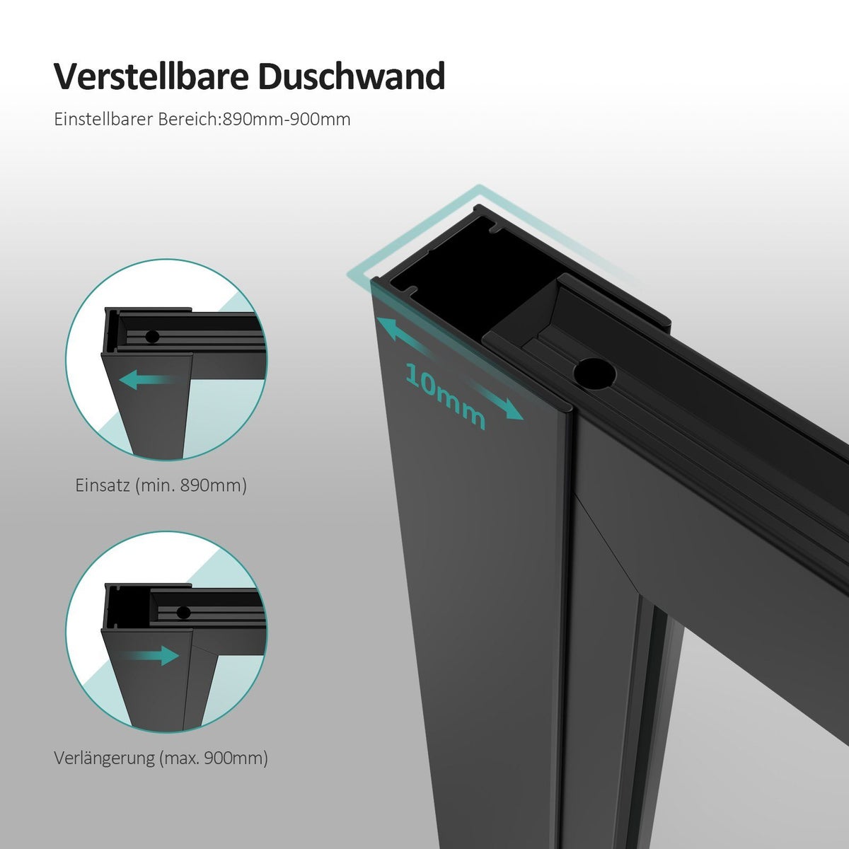 EMKE inloopdouchewand van 8 mm nanogecoat gehard veiligheidsglas, 100 cm x 200 cm, helder glas, zwart