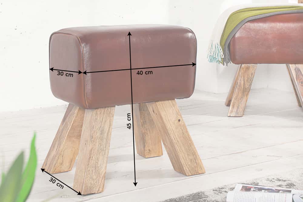 Retro Sitzhocker TURNBOCK 40cm mit Echtleder Bezug Mangoholz Hocker