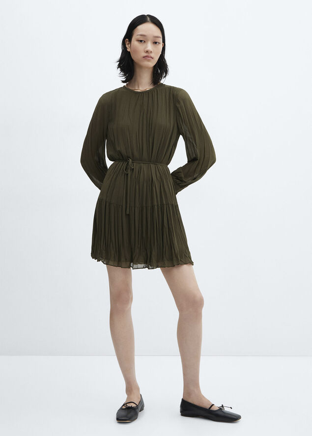 MANGO Pleated short dress Beige - khaki