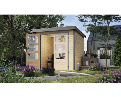 Karibu Metalwood tuinhuis, plaatstaal, stofgrijs, 228,4 x 236,5 cm, naturel