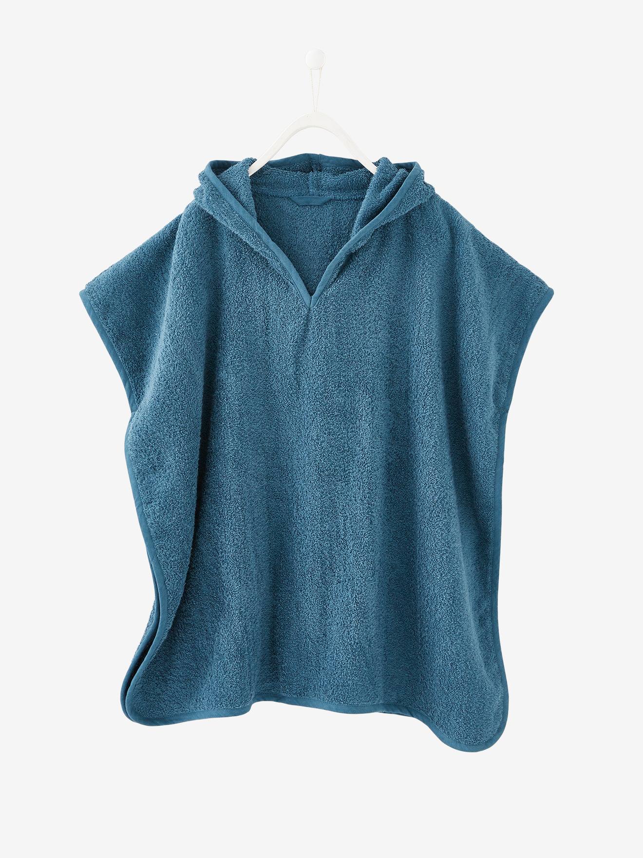 Poncho de banho infantil com estampa de dinossauro, azul médio, liso com detalhes.
