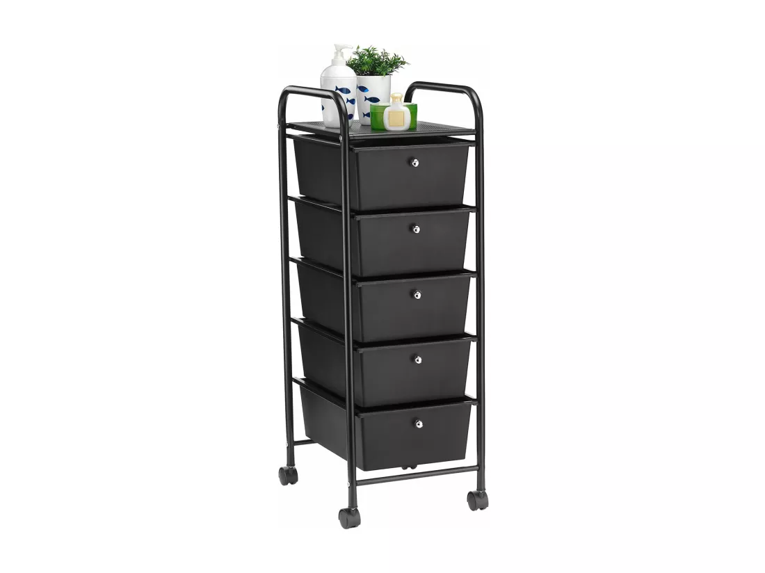 Caisson de rangement sur roulettes GINA, colonne de 5 tiroirs et 1 étagère pour salle de bain ou bureau, en plastique et métal noir