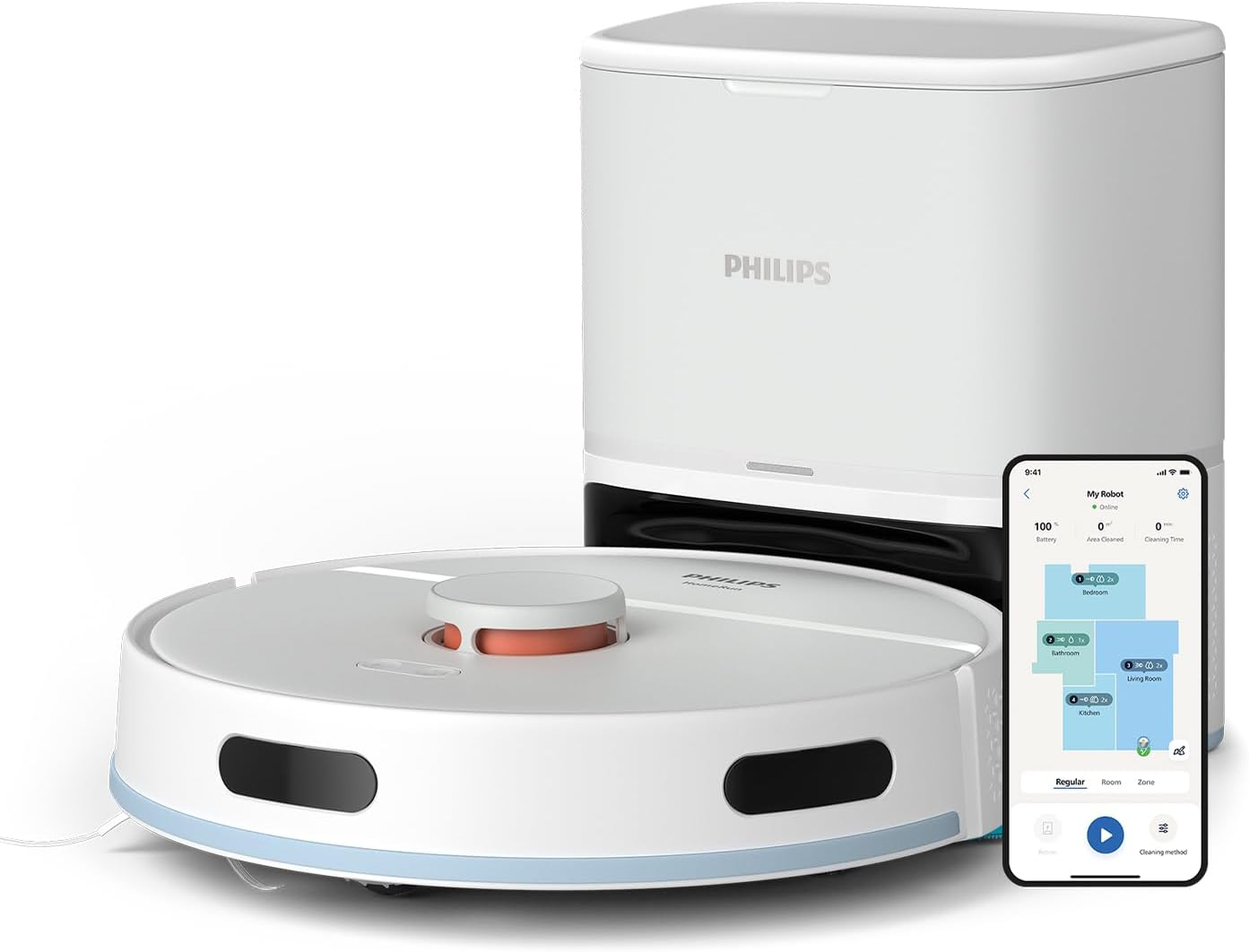 Philips Homerun Serie 2000: 2-in-1 Saug- und Wischroboter, 130 Minuten Laufzeit, Lasernavigation, Teppichboost, Absaugstation, App-gesteuert, Arktikweiß (XU2100/20)