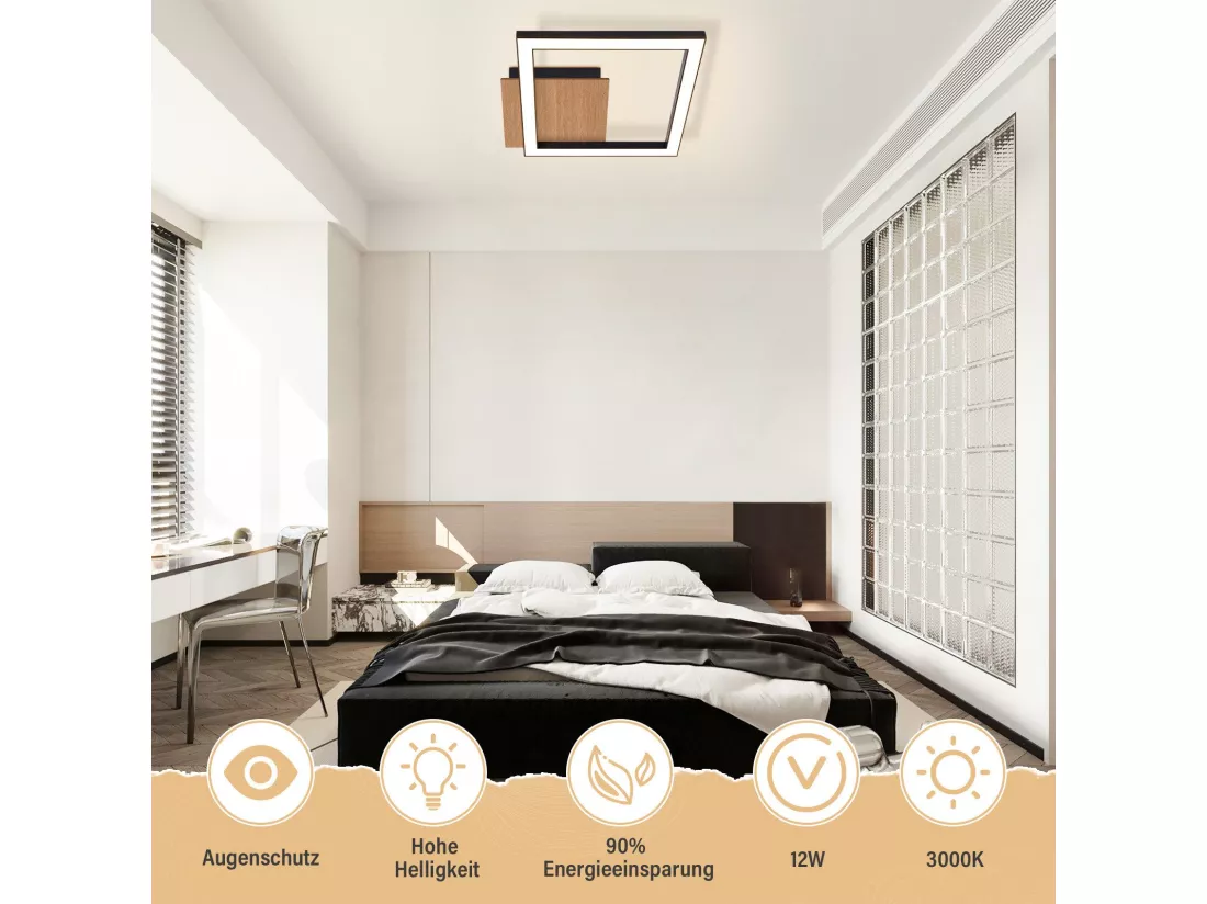 NETTLIFE plafonnier LED plafonnier 3000K blanc chaud moderne 12W petit bois