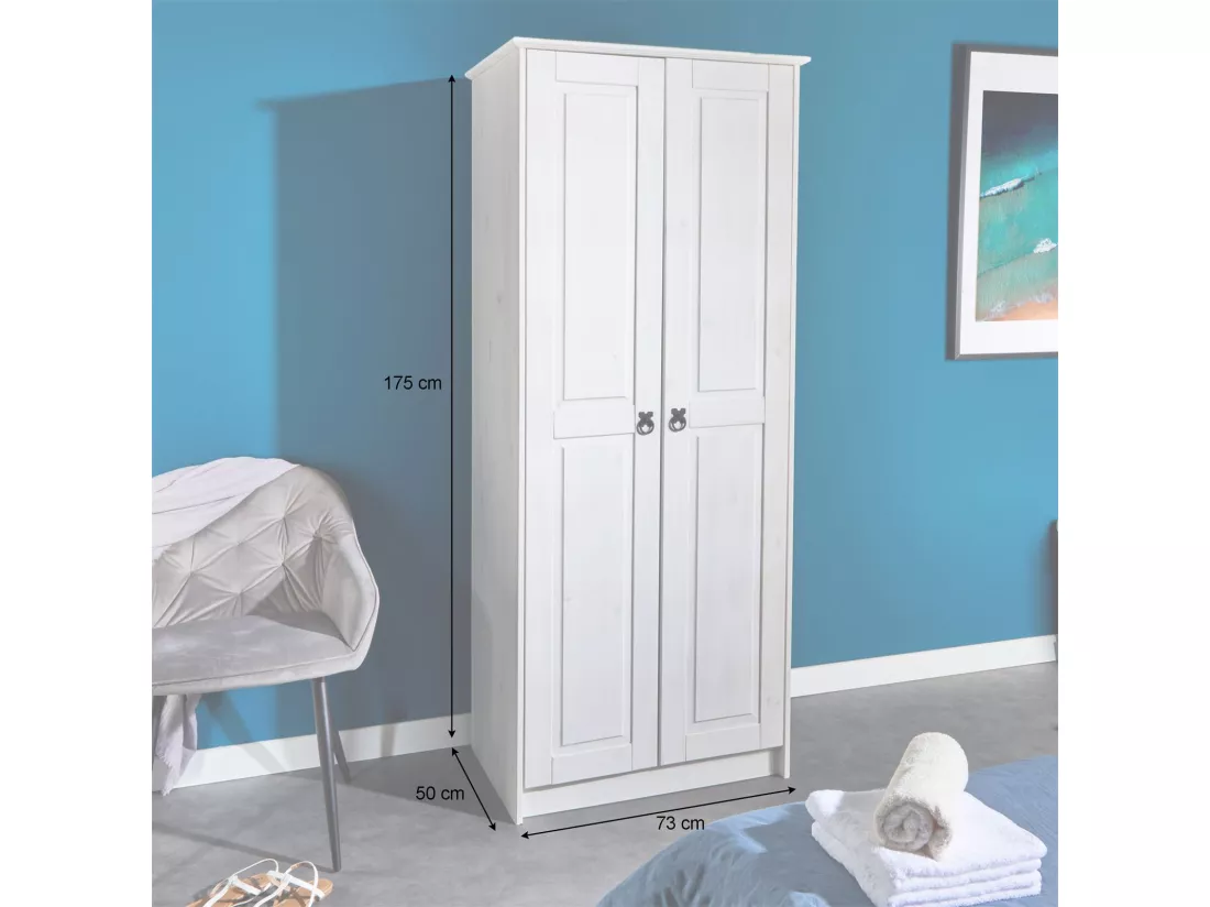 Armoire RESIDENCIA en pin lasuré blanc, penderie pour vêtements style mexicain avec 2 portes
