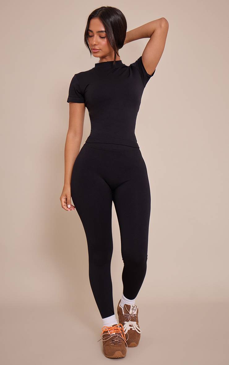 Noir Legging Taille Haute Sans Couture Avec Effet Sculptant Fessier Et Logo - Petite