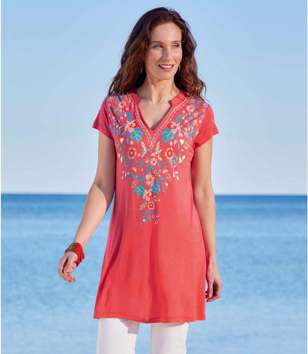 Maxi Tee-Shirt Col Djellaba Corail