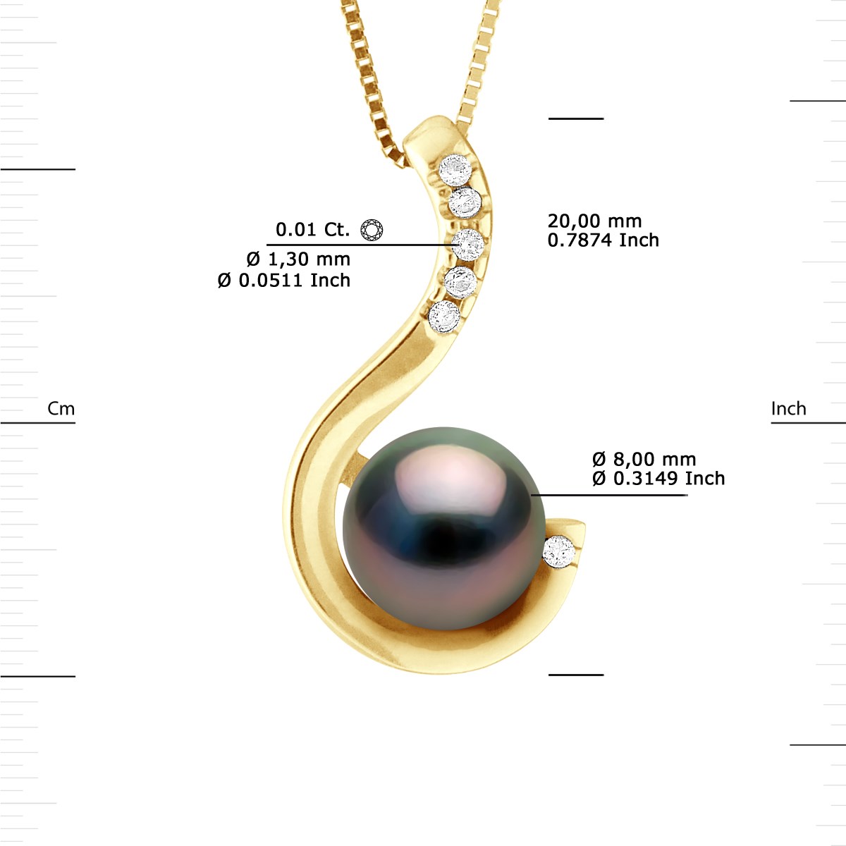 Collier Pendentif Joaillerie Diamants 0,06 Cts - Or Jaune et Véritable Perle de Culture de Tahiti Ronde 8-9 mm