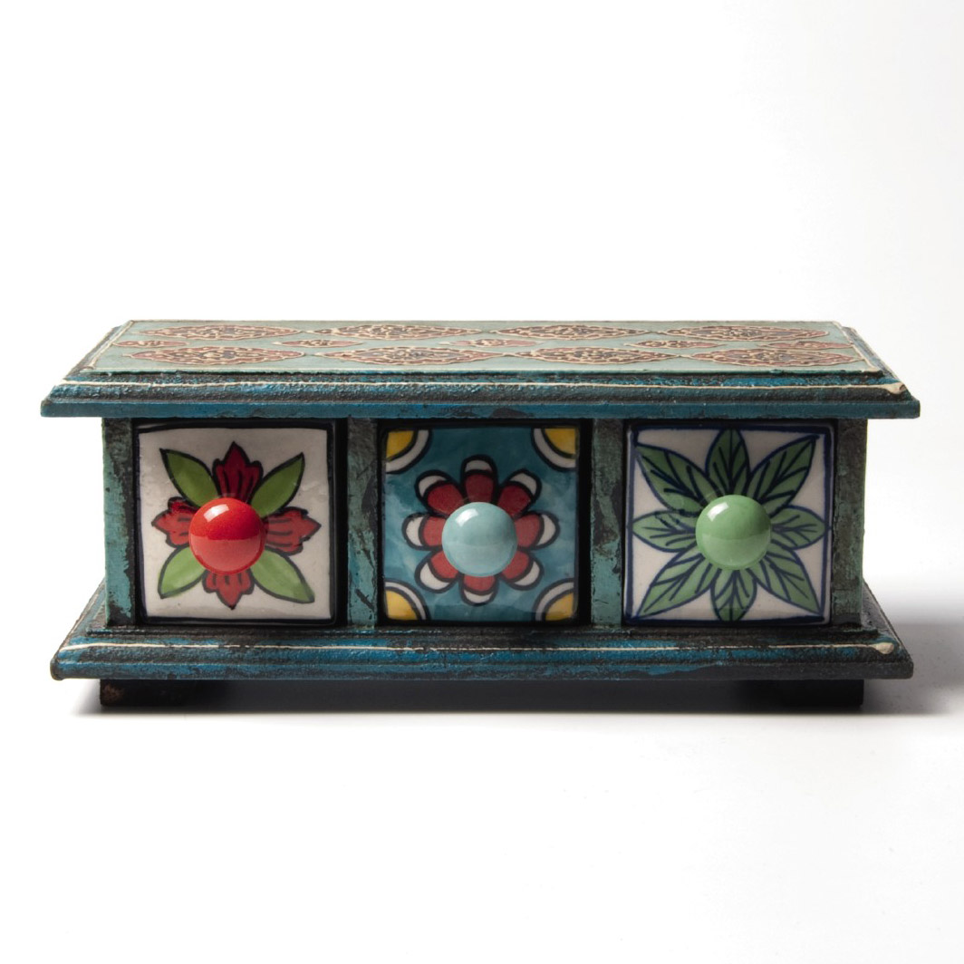 Schubladentruhe mit 3 Schubladen, blau/türkis/weinrot, L 10 cm, B 23,5 cm, H 10 cm von fischer's lagerhaus