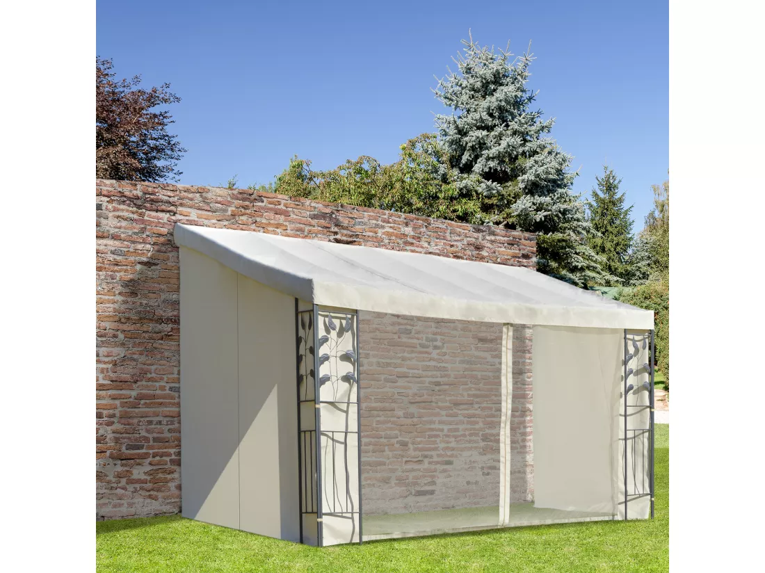 Pergola adossable dim. 4L x 3l x 2,7H m pavillon de jardin toile polyester haute densité moustiquaires crème structure métal époxy gris