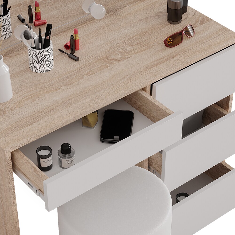 Vicco Schminktisch Sherry Sonoma Weiß, 90 x 75 cm, Spiegel, LED & Hocker, modern