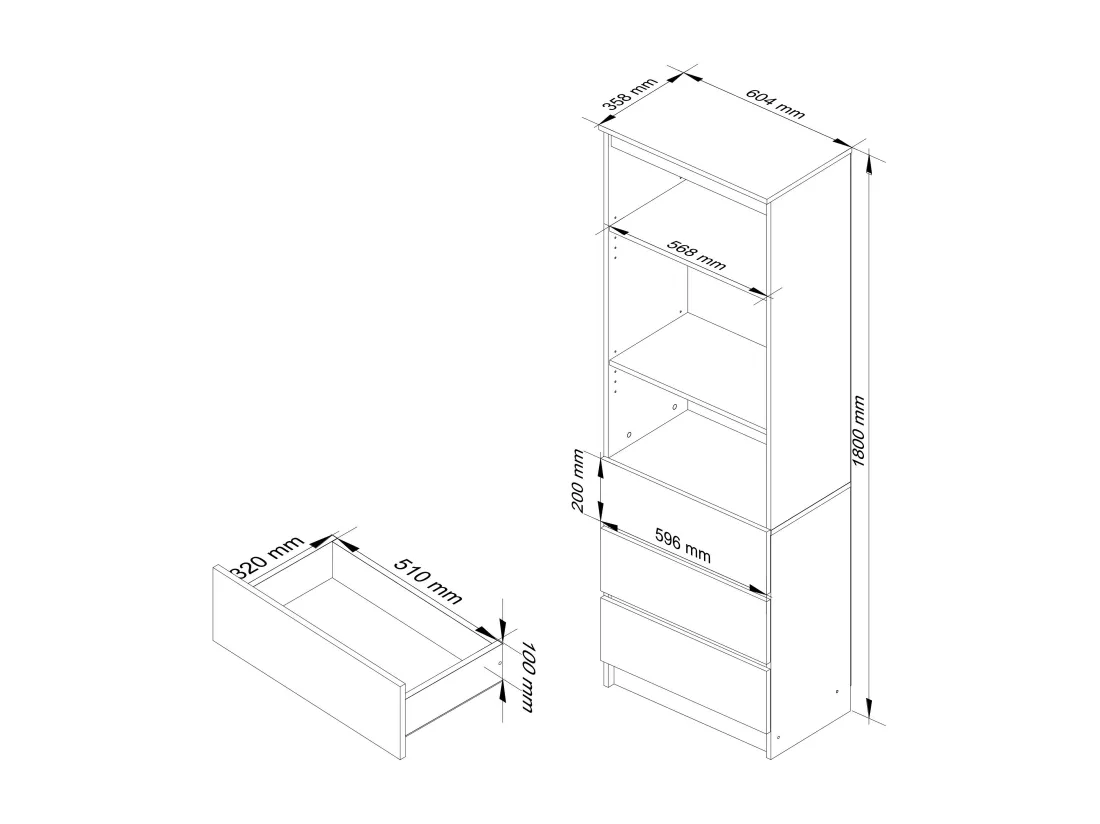 Bibliothèque de bureau AKORD R60 Chêne Sonoma 60 cm 3 tiroirs façade Blanche mat 3 étagères 60x35x180 cm