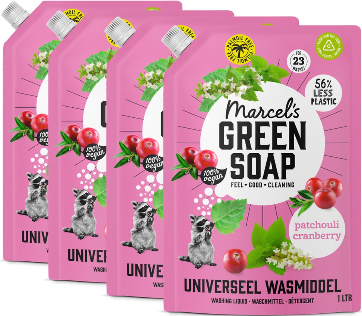 4x Marcel’s Green Soap Wasmiddel Universeel Patchouli & Cranberry Navulling (1000 ml)