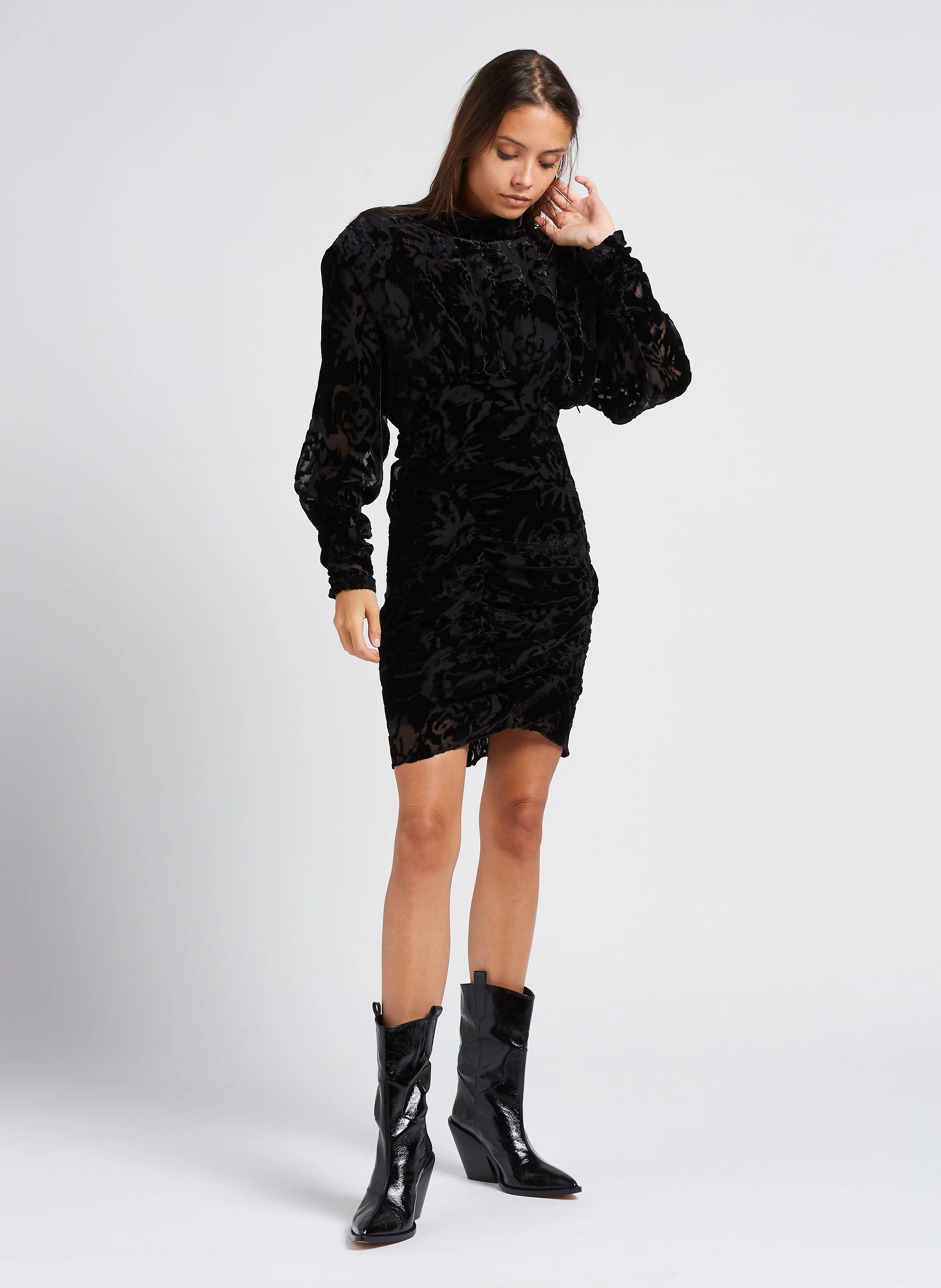 NARIVO - Robe droite courte à col montant en jacquard| Noir