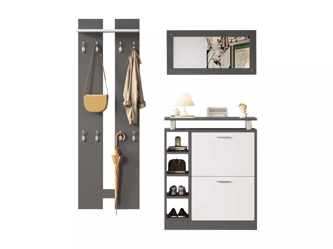 Ensemble Meuble d'entrée - 1 miroir + 2 panneaux muraux + 1 meuble à chaussures - Gris