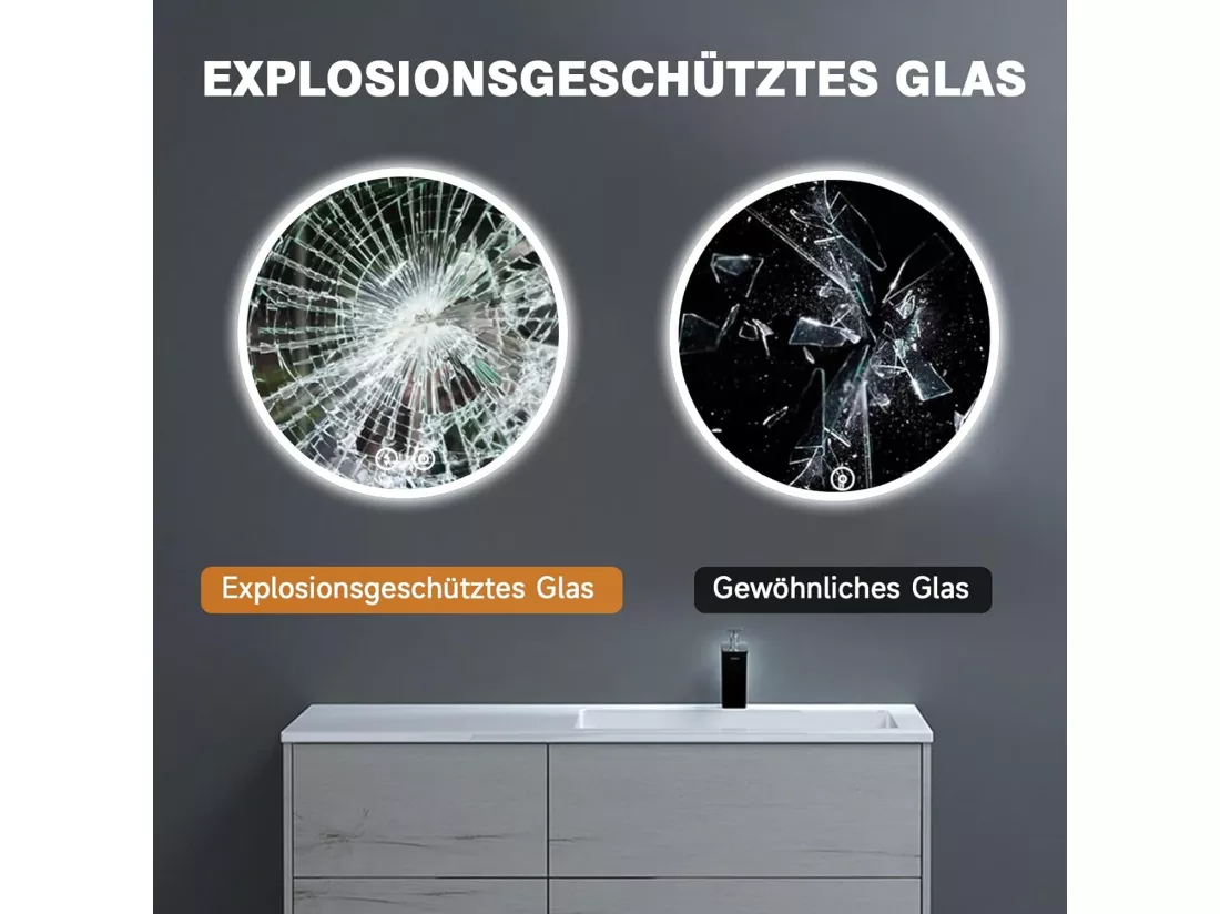 Miroir de Salle de Bain avec Eclairage LED 60x60cm,Verre Antidéflagrant Anti-Brouillard,Miroir Mural Rond Interrupteur Tactile,Blanc Froid 6400k