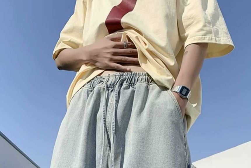 Oakjam - Cargoshorts met wijde pijpen en een trekkoord in de taille van gewassen denim