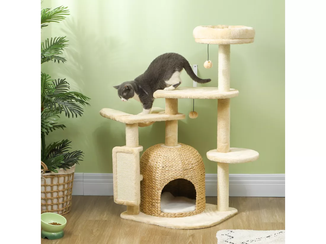 Arbre à chat style cosy chic - grande niche coussin, griffoir, grattoir, hamac, plateformes, boules - beige
