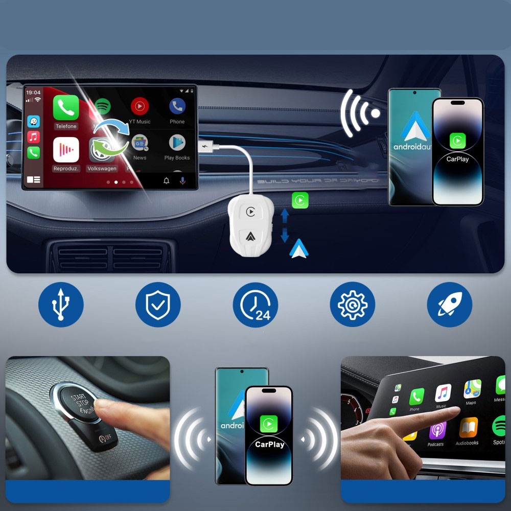 Bluetooth Android Auto / Apple Carplay KFZ USB A Adapter mit USB C Aufsatz für Android / iOS Smartphones (Google Assistant / Siri) - Weiss