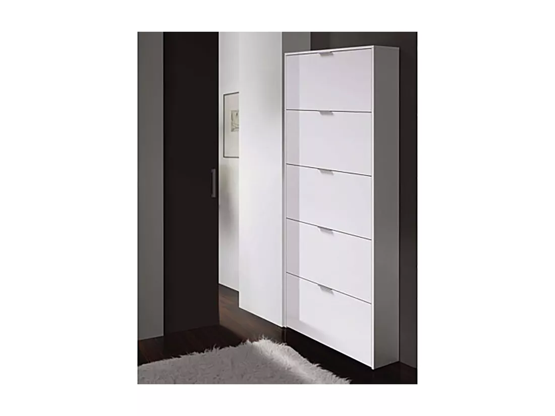 Commode meuble à chaussures en bois de 5 abattants couleur blanc brillant - Longueur 70 x Hauteur 180 x Profondeur 17 cm