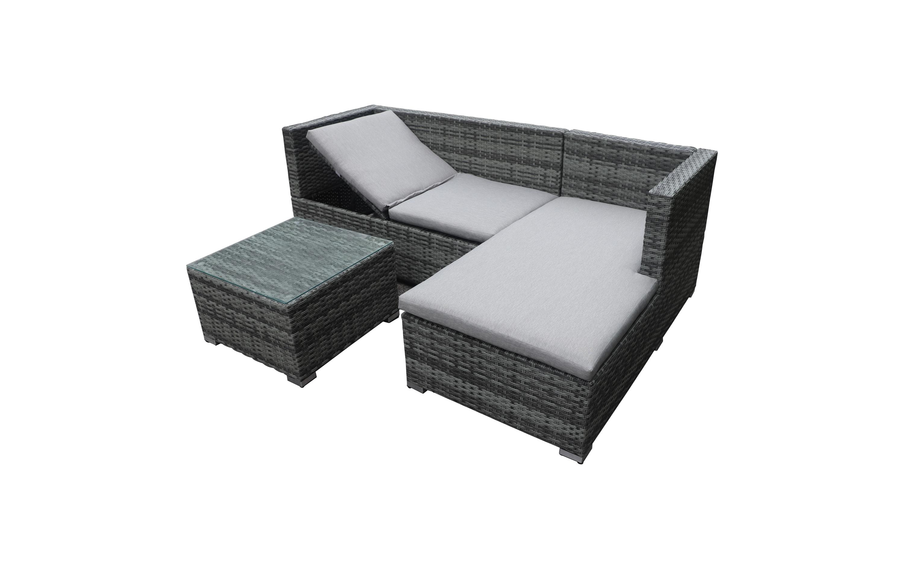 Loungeset Brissago, Grau, 4 Sitzplätze<br>Zwei Sofas und ein Tisch mit Glasplatte für Garten, Terrasse oder Sitzecke