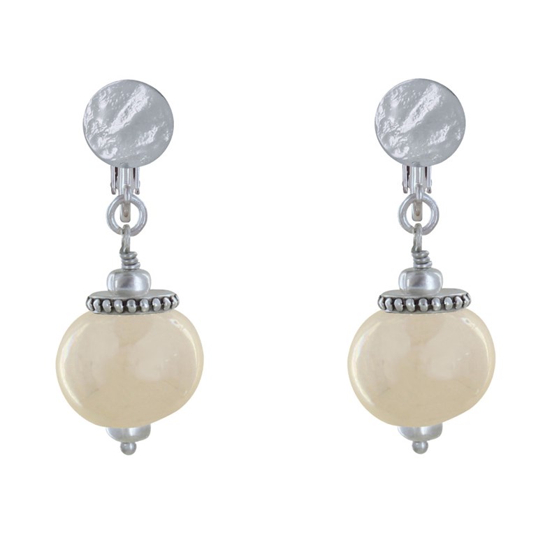 Boucles d'Oreilles Clip Métal Argenté et Grosses Perles en Céramique